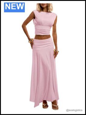 2 Piece Skirt Set Cinched Waist Crop Top Maxi Long Skirt Going Out Outfit